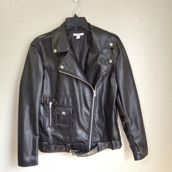 Biker MOTO Grunge Black Bomber Vegan Faux Leather Zip Up Jacket Small - Picture 4 of 9
